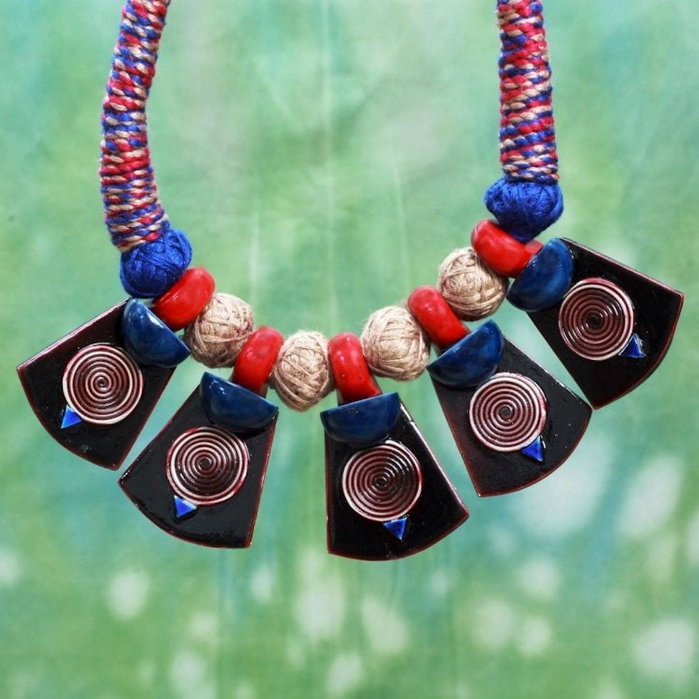 Cotton and Ceramic Artisan Crafted Necklace from India 'Elements of Nature'