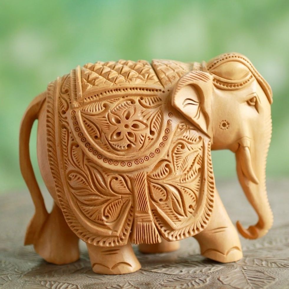 5-Inch Wood Elephant Sculpture Hand Carved in India 'Majestic Elephant'