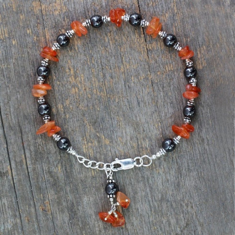 Artisan Crafted Silver Hematite and Carnelian Bracelet 'Night Fire'