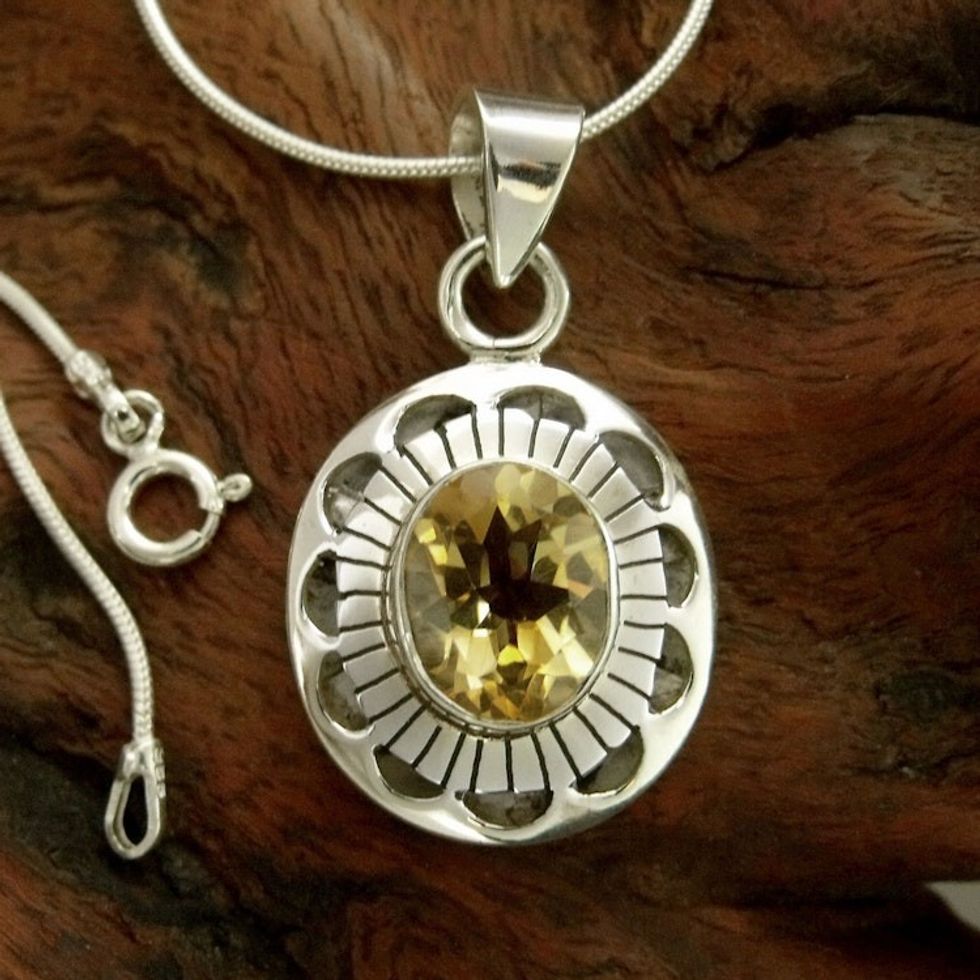 Sterling Silver Necklace with Citrine from India Jewelry 'Sun Halo'