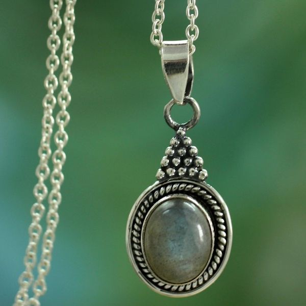 Alternate image for Sterling Silver Necklace with Labradorite Pendant from India Jaipur Mist
