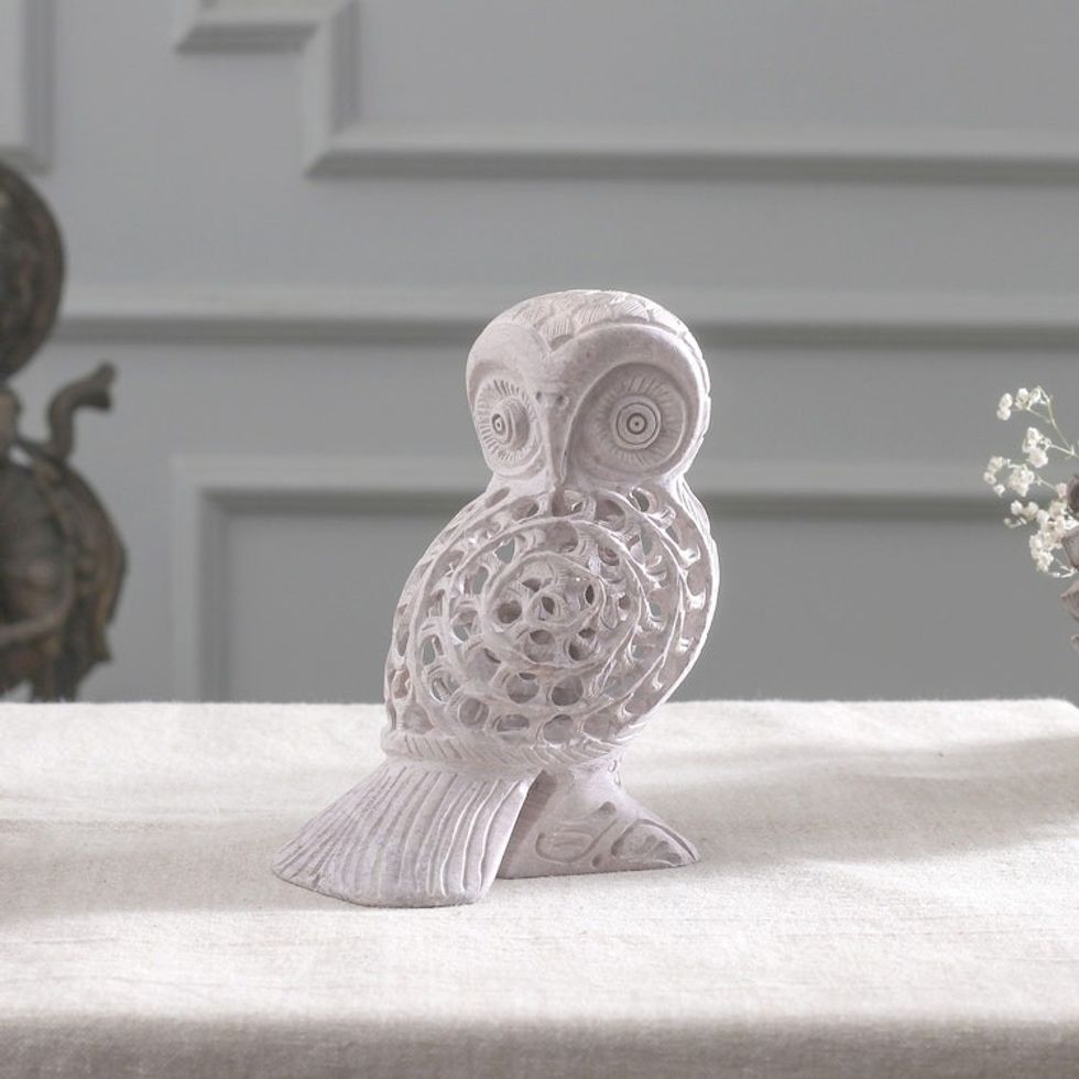 Artisan Crafted Indian Soapstone Jali Sculpture 'Mother Owl'