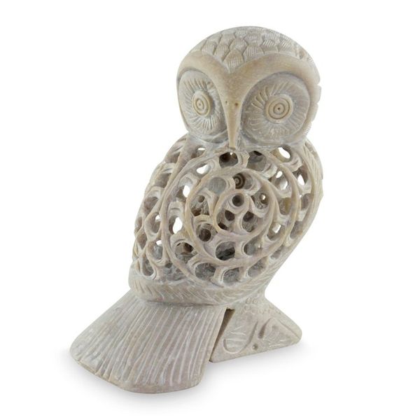 Alternate image for Artisan Crafted Indian Soapstone Jali Sculpture Mother Owl