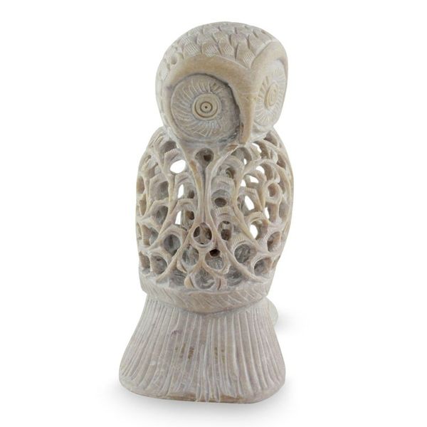 Alternate image for Artisan Crafted Indian Soapstone Jali Sculpture Mother Owl