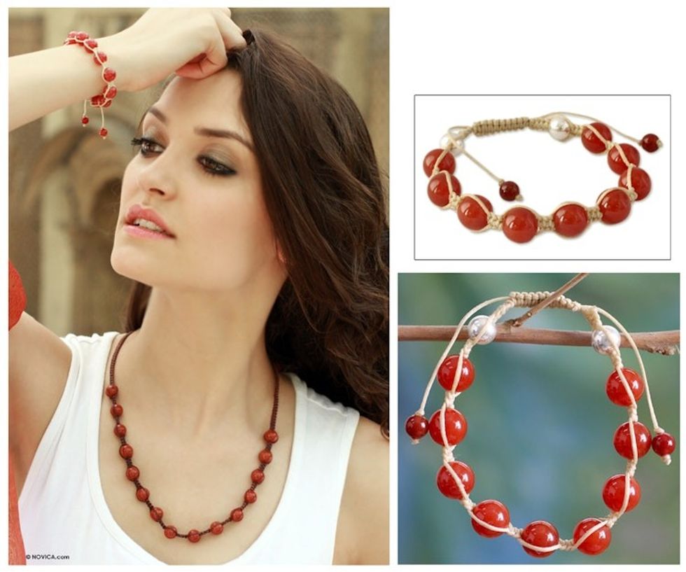 Handmade Cotton and Carnelian Shambhala-style Bracelet 'Meditate'