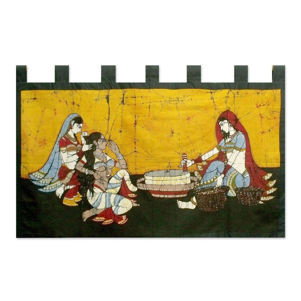 Cotton batik wall hanging 'Chores and Chitchat'