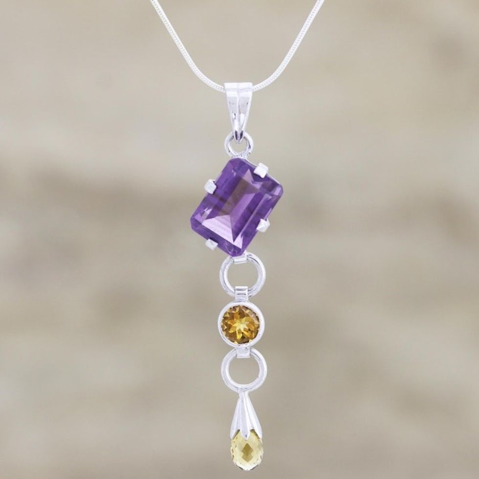 Citrine and amethyst pendant necklace 'Honey Drop'