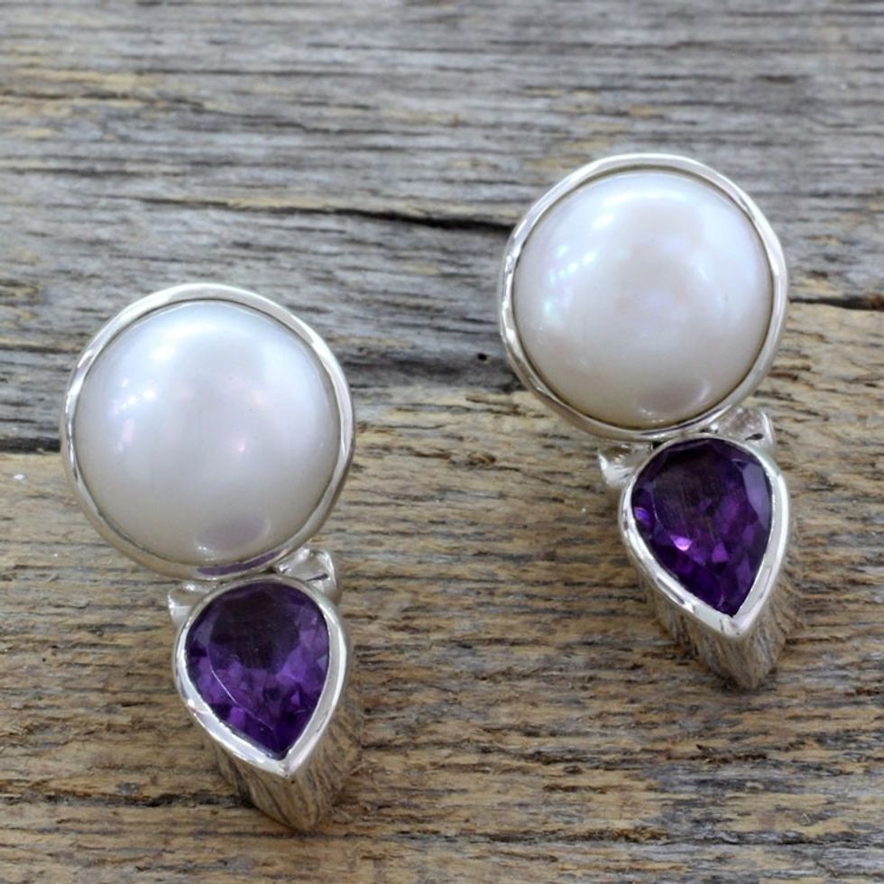 Hand Crafted Pearl and Amethyst Earrings from India 'Flirting Moons'