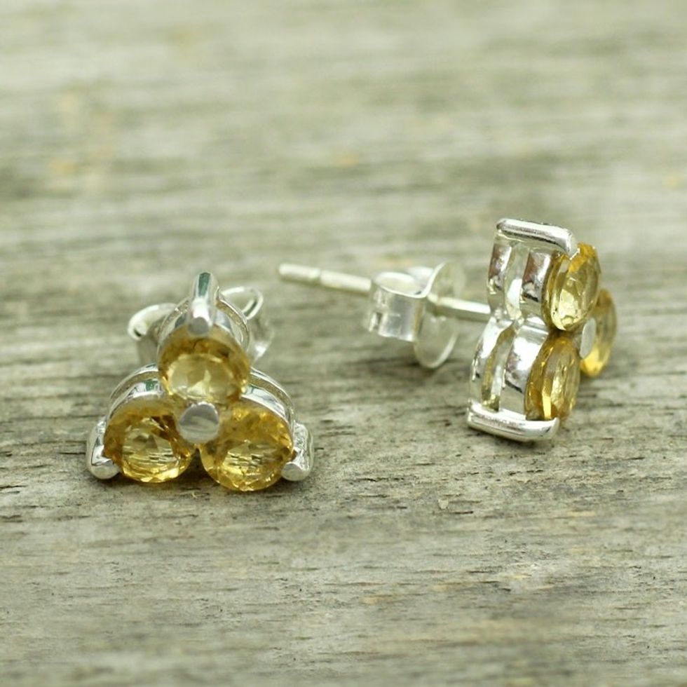 Hand Made Sterling Silver and Citrine Stud Earrings 'Chennai Stars'