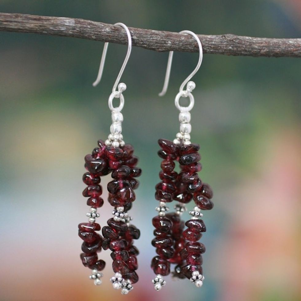 Handcrafted Sterling Silver Beaded Garnet Earrings 'Rejoice'