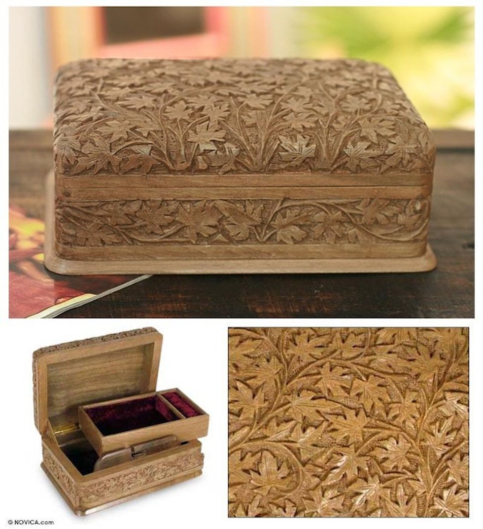Artisan Hand Carved Wood Jewelry Box from India 'Wild Ivy'