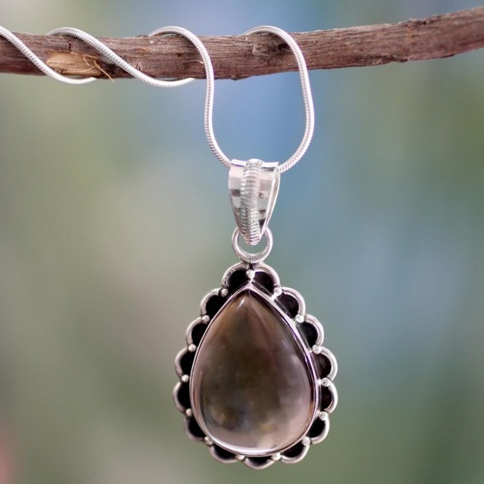 Smoky quartz pendant necklace 'Misty Teardrop'