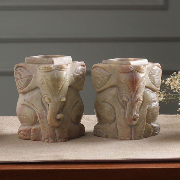 Alternate image for Natural Soapstone Hand Carved Candle Holders Pair Baby Elephants