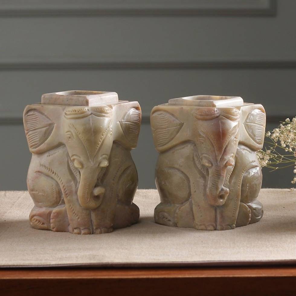 Natural Soapstone Hand Carved Candle Holders Pair 'Baby Elephants'