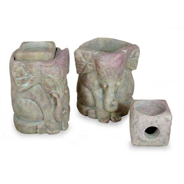 Alternate image for Natural Soapstone Hand Carved Candle Holders Pair Baby Elephants