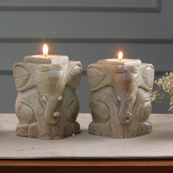 Alternate image for Natural Soapstone Hand Carved Candle Holders Pair Baby Elephants