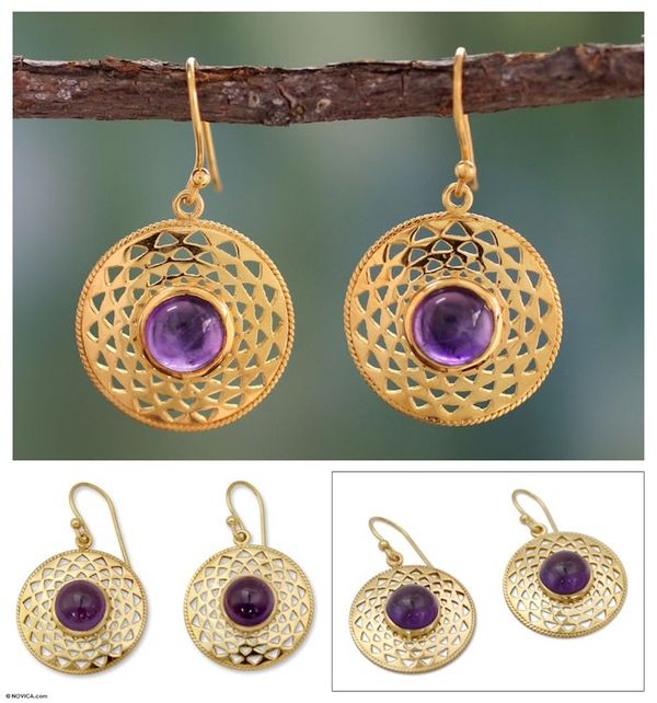 Alternate image for Indian Gold Vermeil and Amethyst Earrings Jaipur Suns