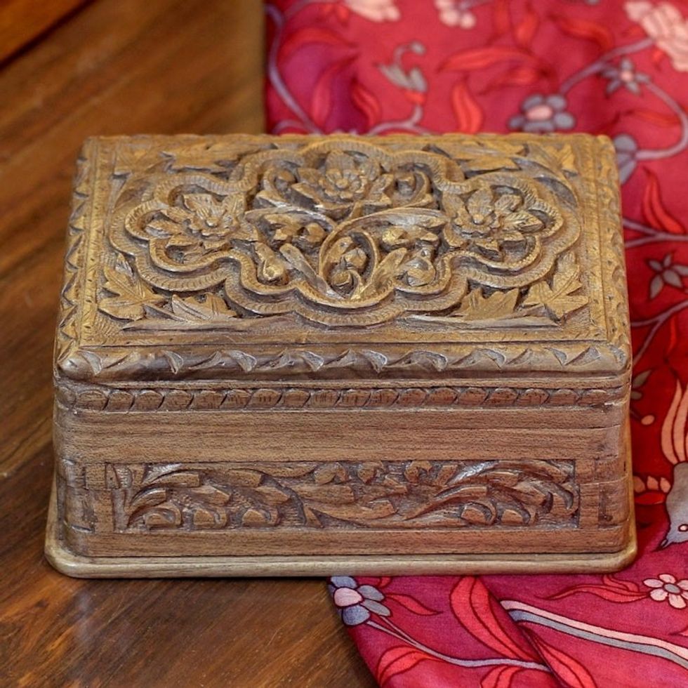 Hand Carved Wood Jewelry Box 'Spring Flowers'