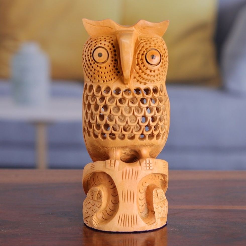 Jali Art Sculpture Hand Carved in India 'Night Owl Mom'