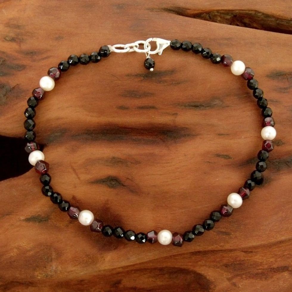 Onyx and Garnet Beaded Anklet 'Treasured Friendship'