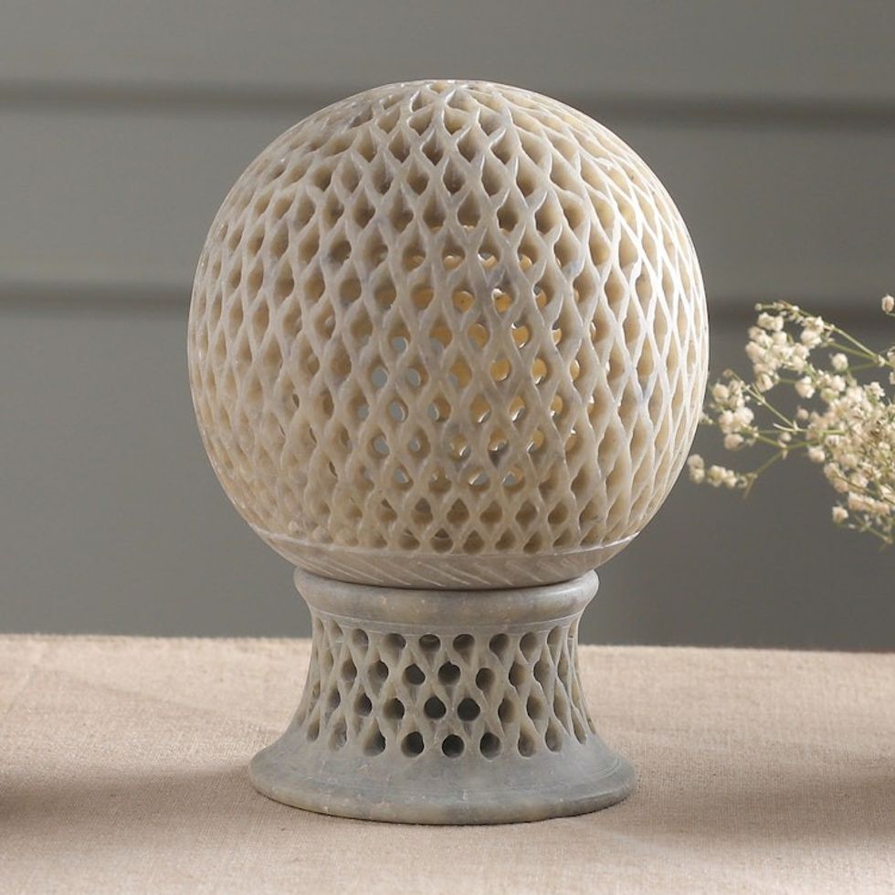 Jali Soapstone Candle Holder Handcrafted in India 'Lattice Globe'