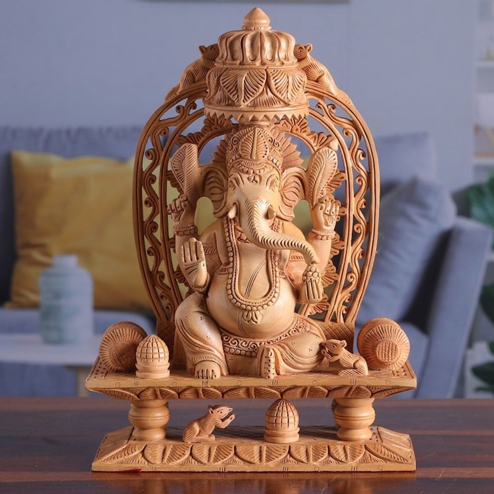 Artisan Crafted Religious Wood Sculpture 'Ganesha's Blessing II'