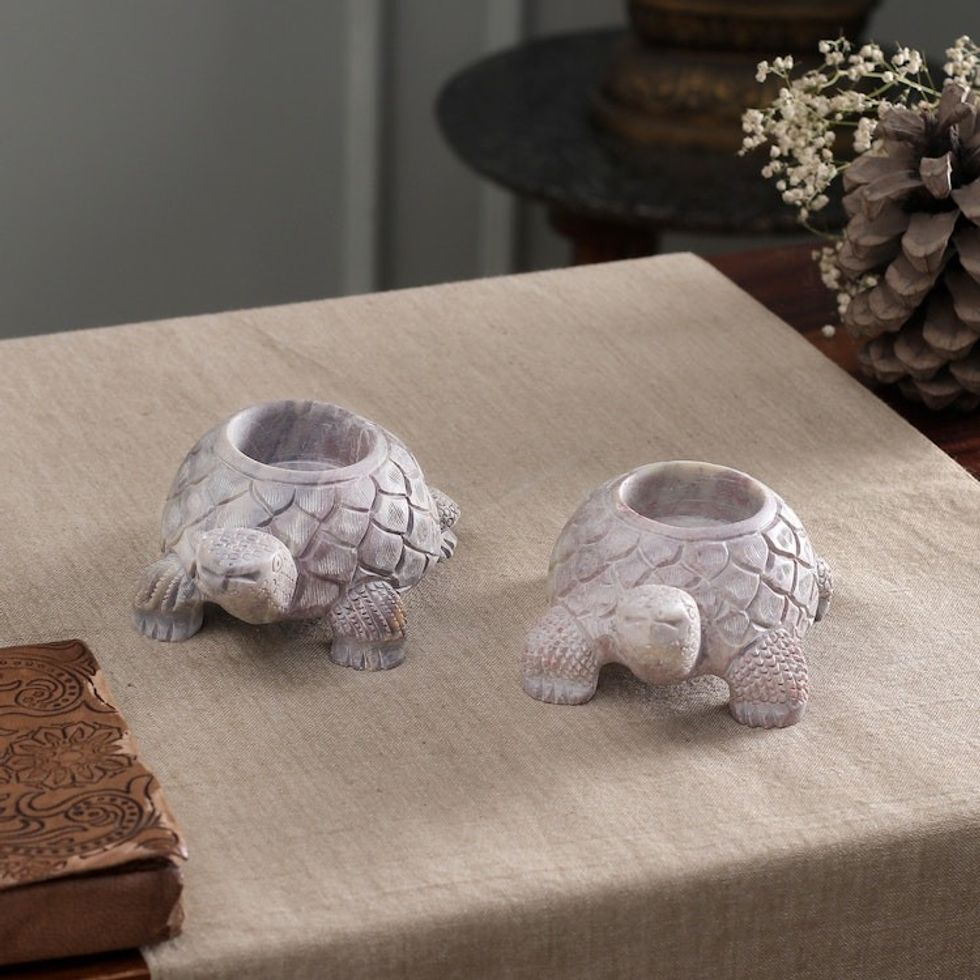 Soapstone candleholders 'Turtle Twins'