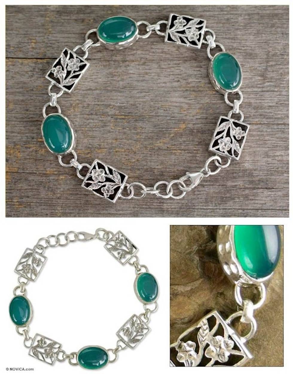 Sterling silver floral bracelet 'Summer Green'