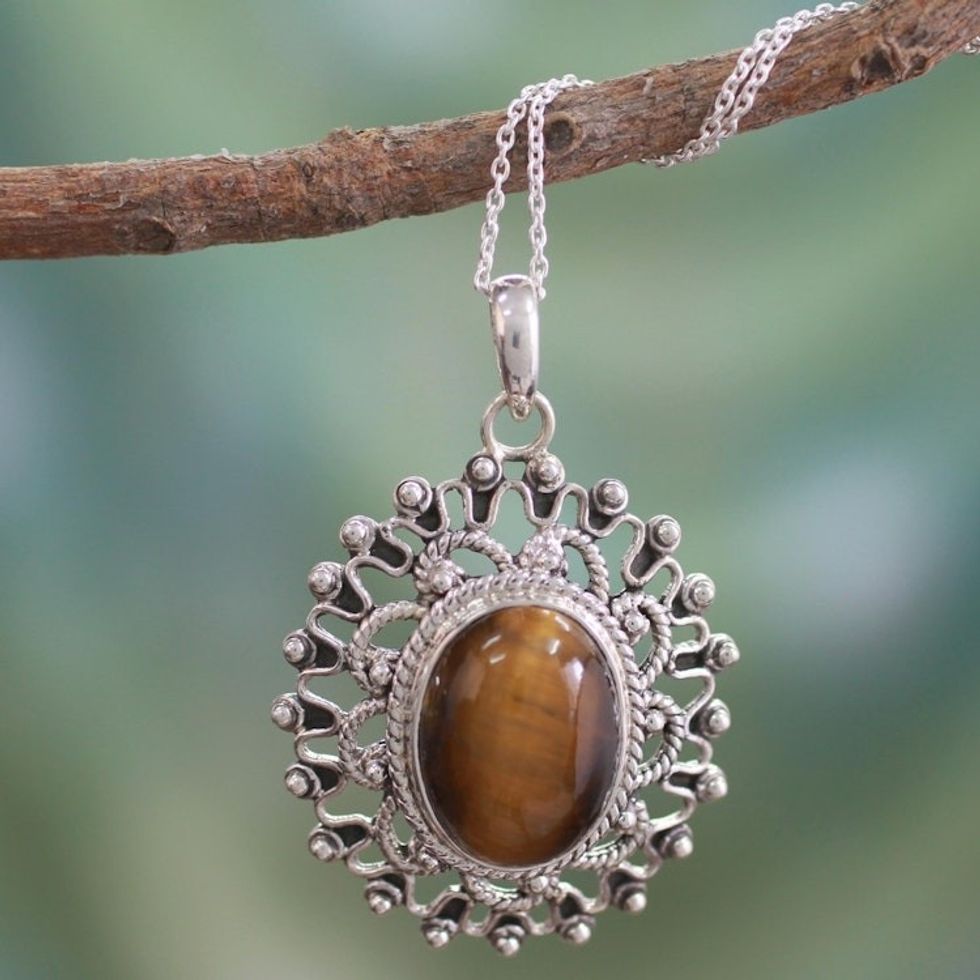 Hand Crafted Sterling Silver and Tigers Eye Pendant Necklace 'Tawny Sun'