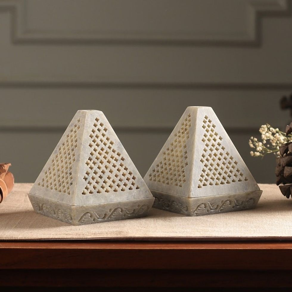 Hand Crafted Jali Soapstone Candle Holders Pair 'Lace Pyramid'