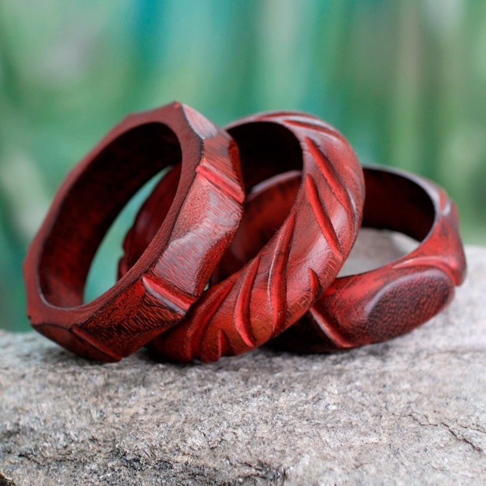 Hand Carved Mango Wood Bangle Bracelets India Set of 3 'Indian Romance'