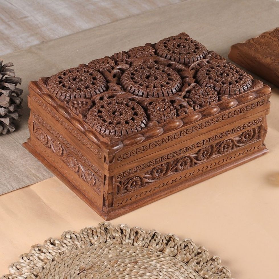 Hand Carved Floral Wood Jewelry Box 'Sunflower Mandalas'