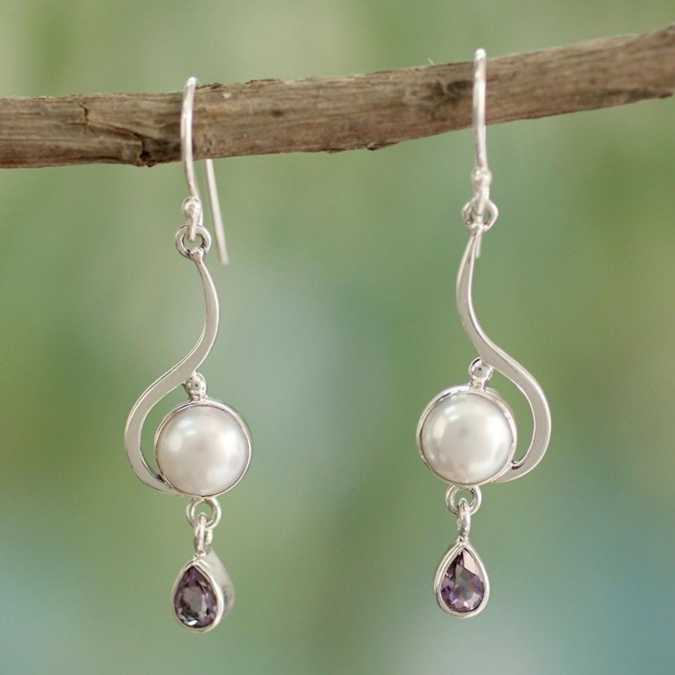 Handcrafted Sterling Silver Pearl and Earrings from India 'Cloud Sonnet'