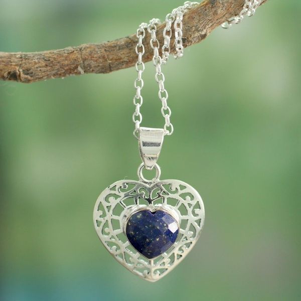 Alternate image for Heart Shaped Sterling Silver and Lapis Lazuli Necklace Mughal Romance