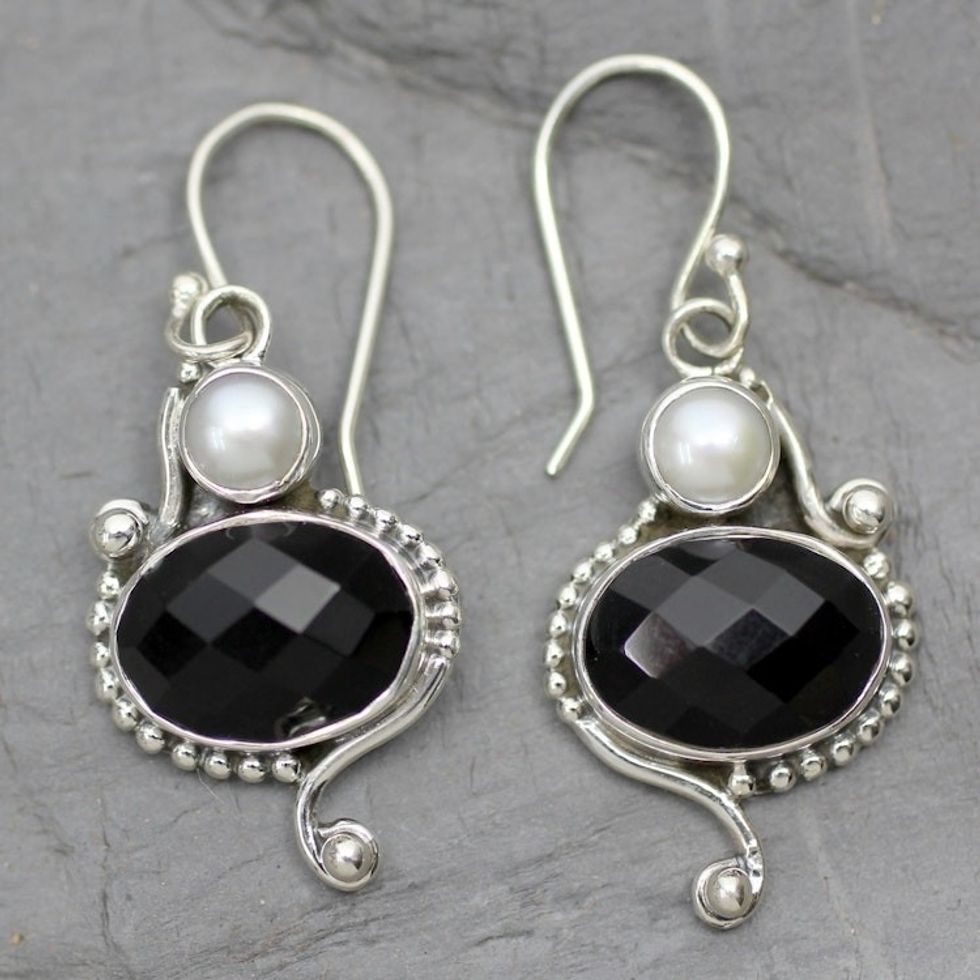 Akoya Pearls and Onyx Handcrafted Sterling Silver Earrings 'Magical Moons'