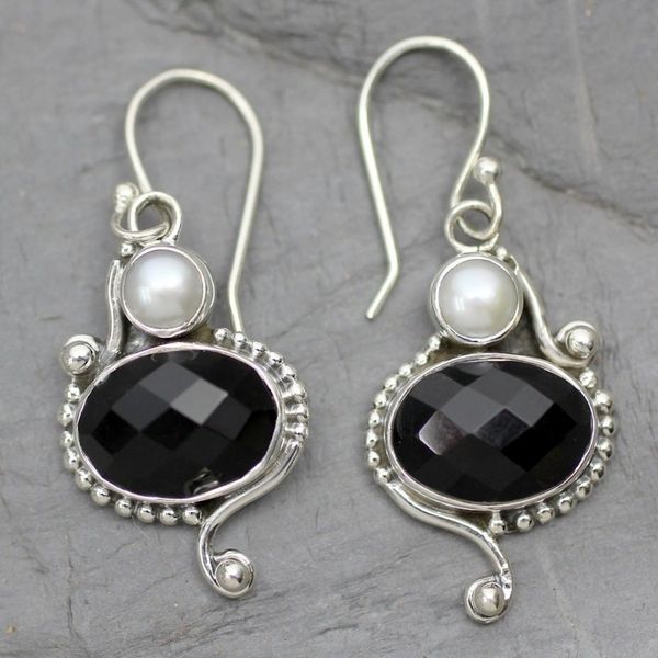 Alternate image for Akoya Pearls and Onyx Handcrafted Sterling Silver Earrings Magical Moons