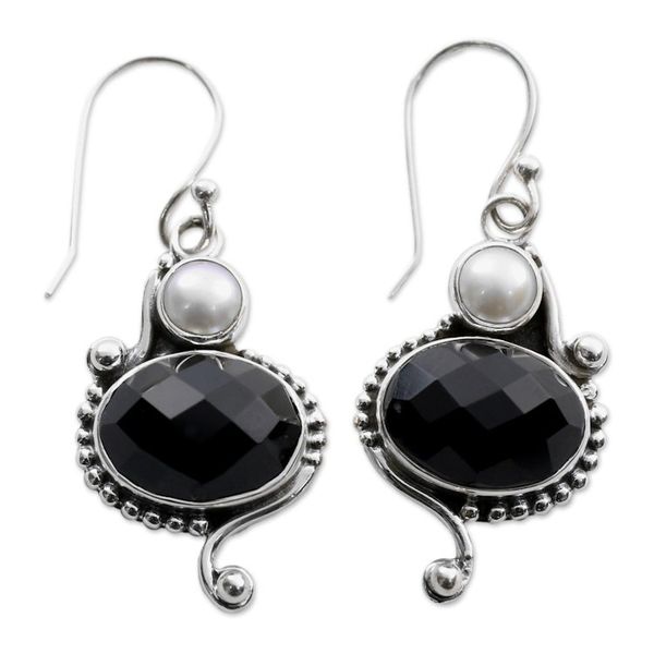 Alternate image for Akoya Pearls and Onyx Handcrafted Sterling Silver Earrings Magical Moons