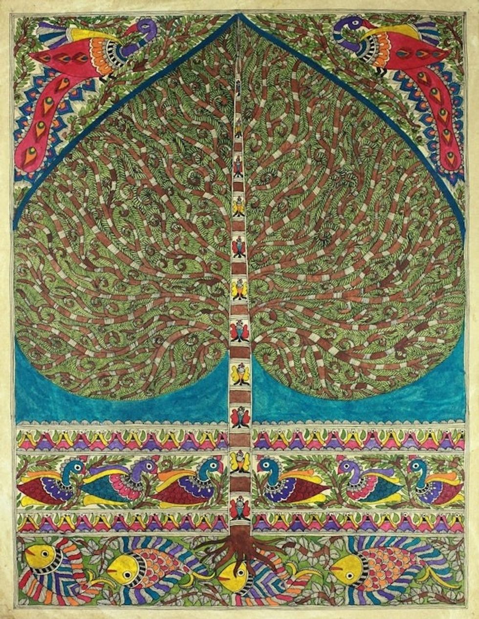 Indian Tree of Life Traditional Painting on Handmade Paper 'One with Nature II'
