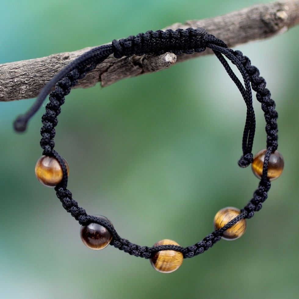 Tiger Eye Shambhala Bracelet with Black Cord Handmade India 'Oneness'