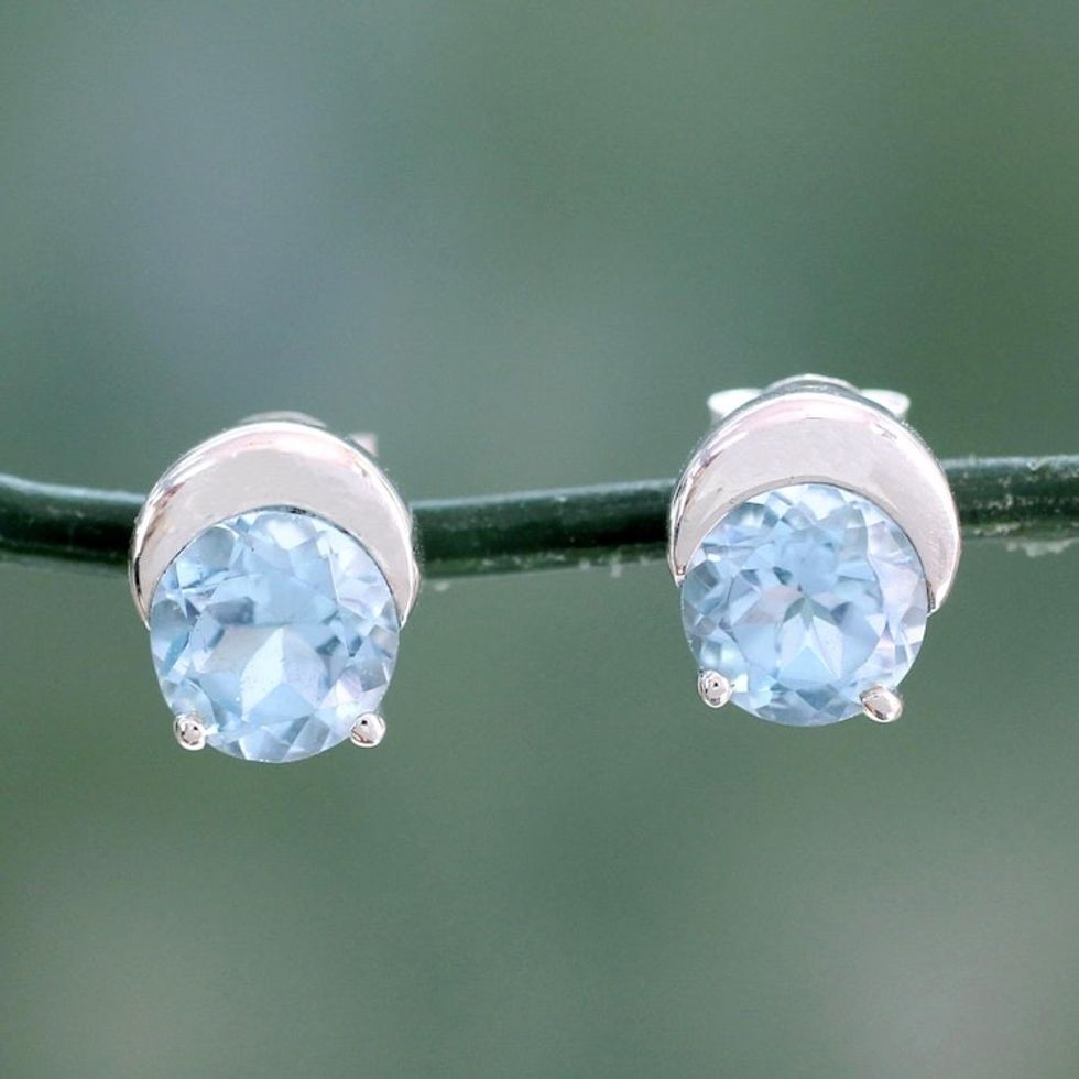 Sterling Silver and Blue Topaz Stud Earrings from India 'Twinkling Moons'