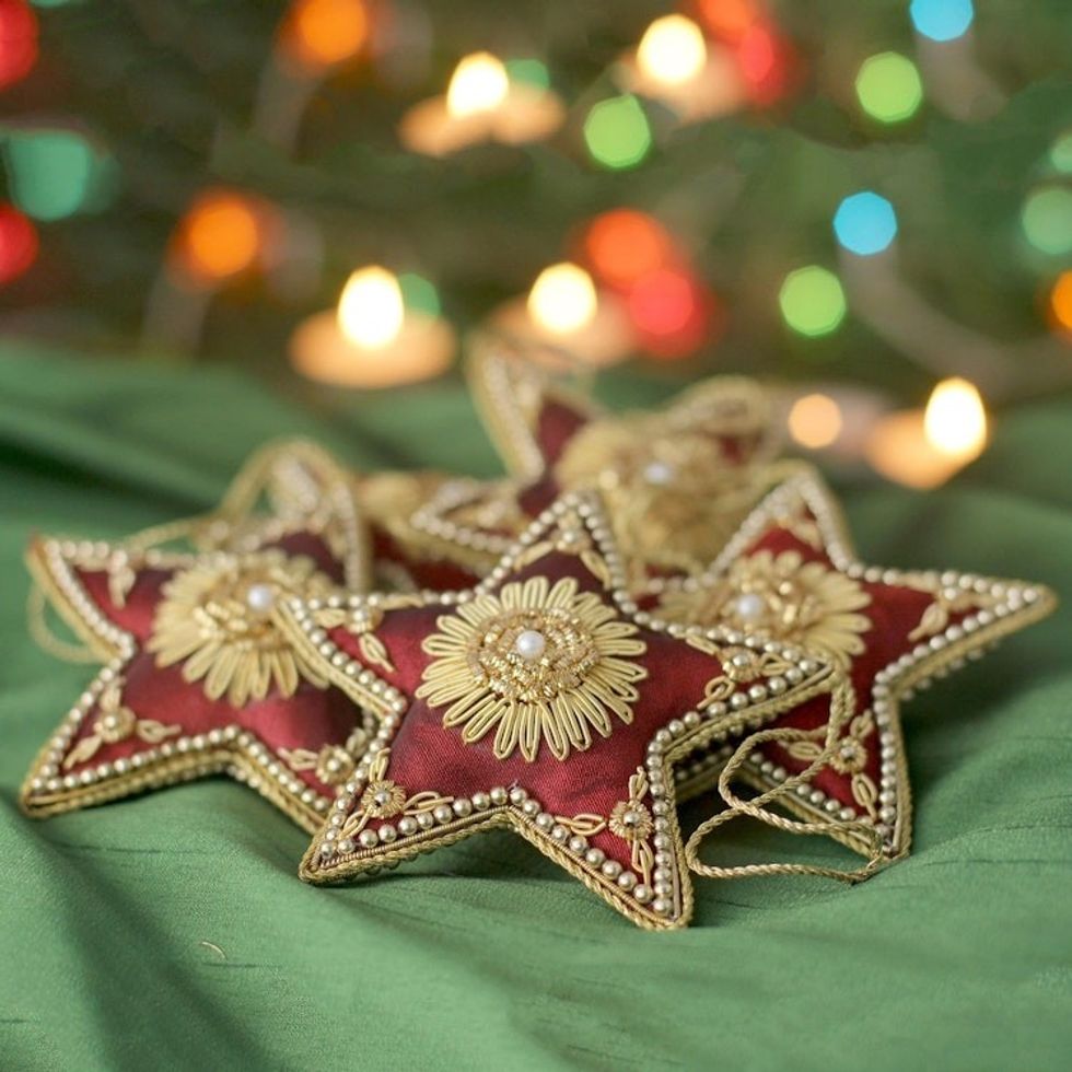 Red Star Shaped Beaded Tree Ornaments from India Set of 5 'Scarlet Stars'