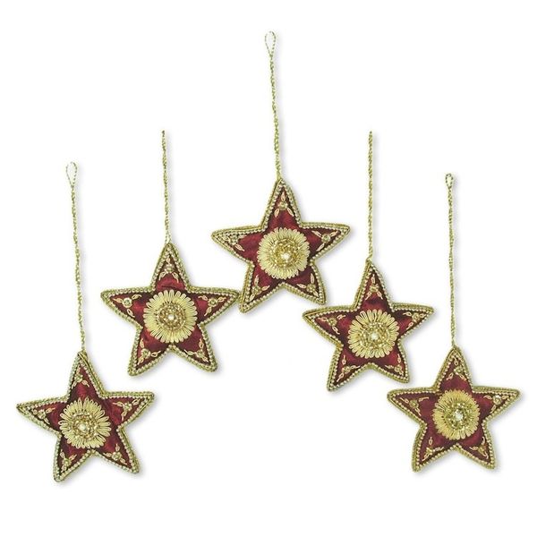 Alternate image for Red Star Shaped Beaded Tree Ornaments from India Set of 5 Scarlet Stars
