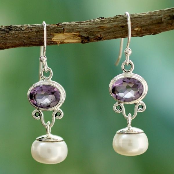 Alternate image for Pearl and Amethyst Dangle Earrings Dazzling Delhi