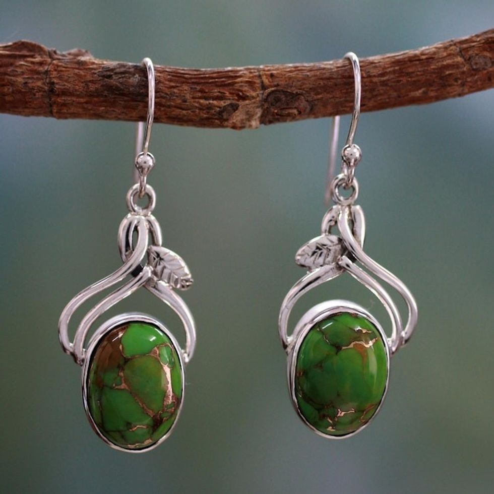 Handcrafted Sterling Silver Earrings from India 'Green Dew'