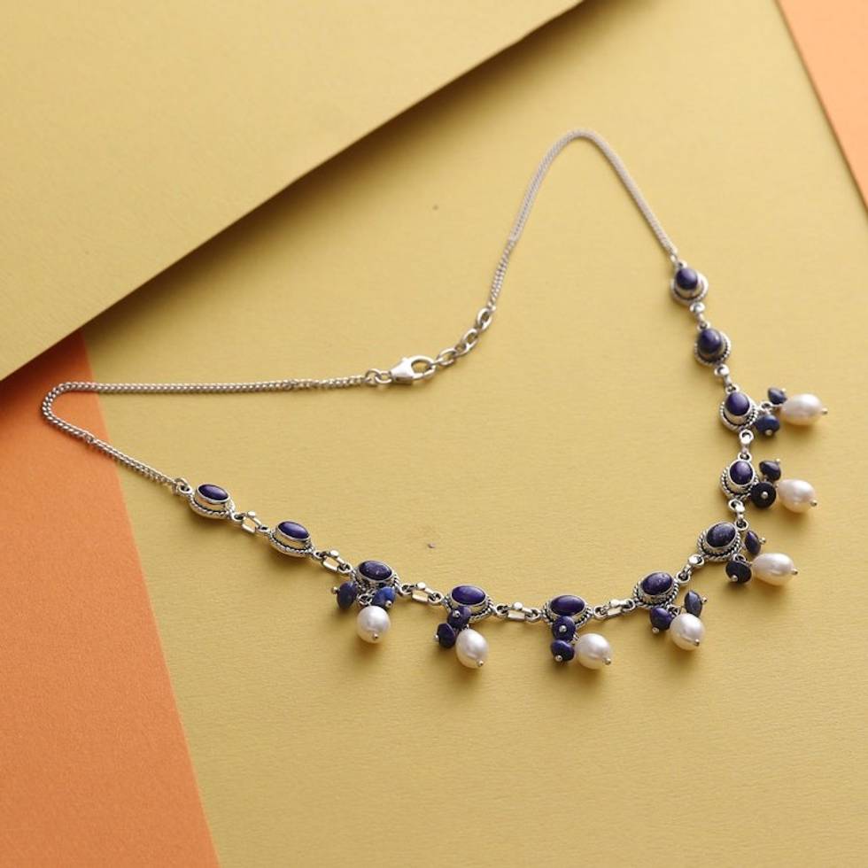 Fair Trade Pearl and Lapis Lazuli Necklace 'Sita's Splendor'