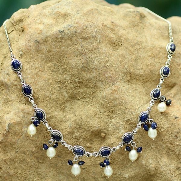 Alternate image for Fair Trade Pearl and Lapis Lazuli Necklace Sitas Splendor