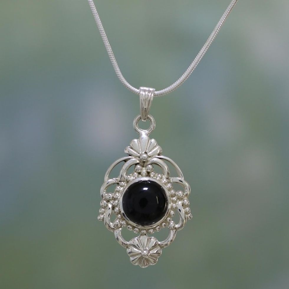 Hand Made Floral Sterling Silver and Onyx Necklace 'Baroque Blossom'