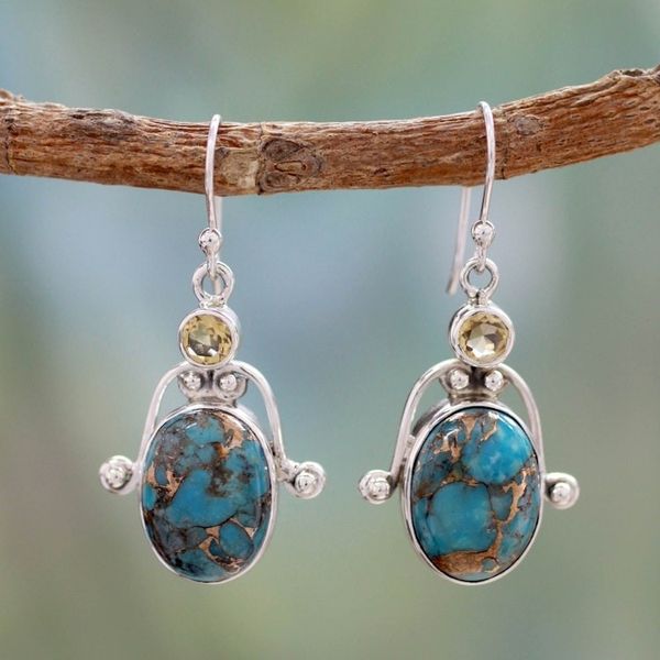 Alternate image for Citrine and Comp Turquoise Earrings Modern Silver Jewelry Living Goddess