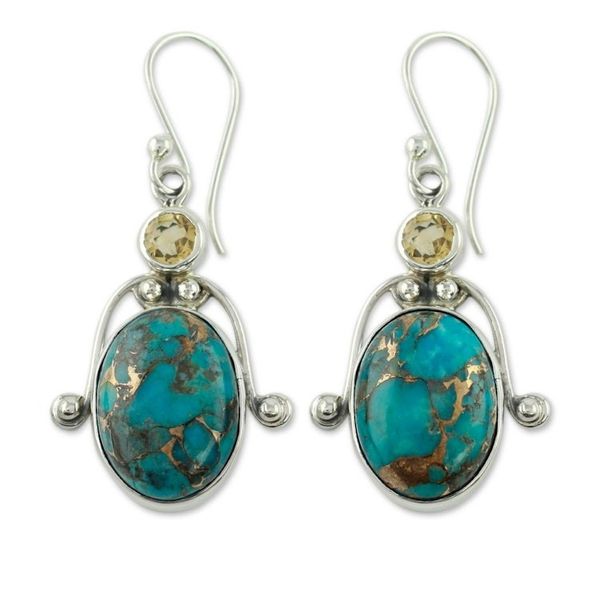 Alternate image for Citrine and Comp Turquoise Earrings Modern Silver Jewelry Living Goddess