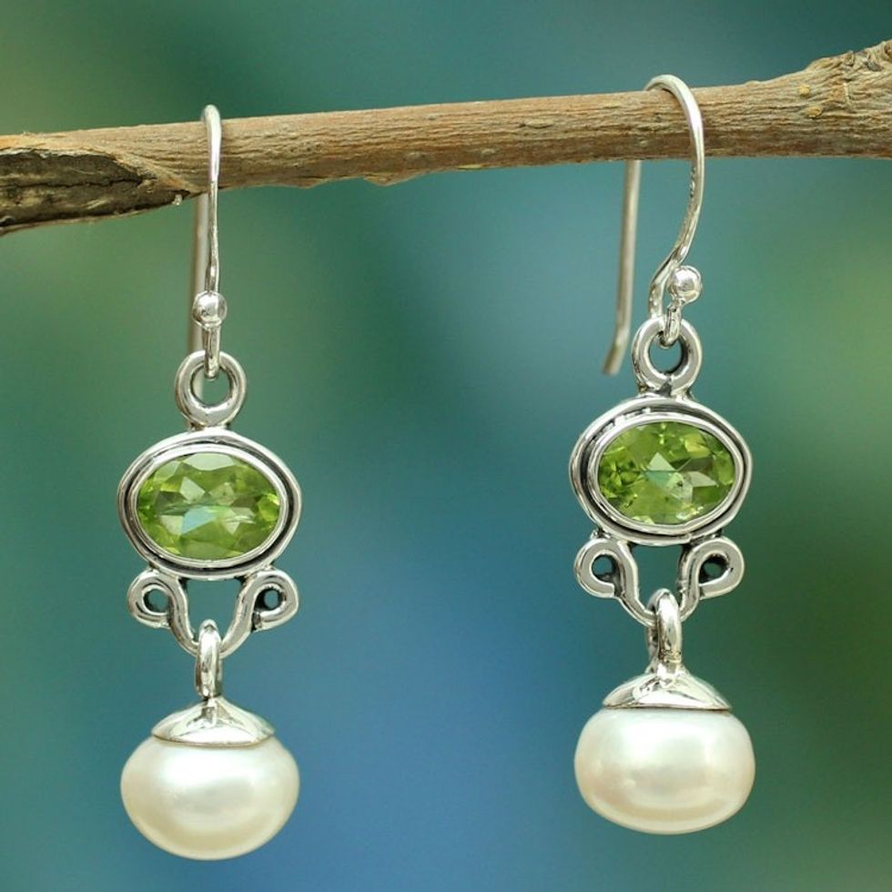Sterling Silver Jewelry Pearl and Peridot Earrings 'Verdant Light'